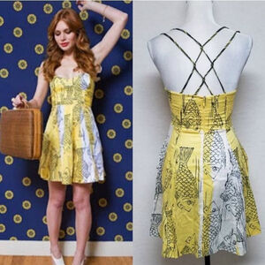 Free People Rare Vintage Cotton Yellow Fish Strappy Back Panel Corset Mini Dress